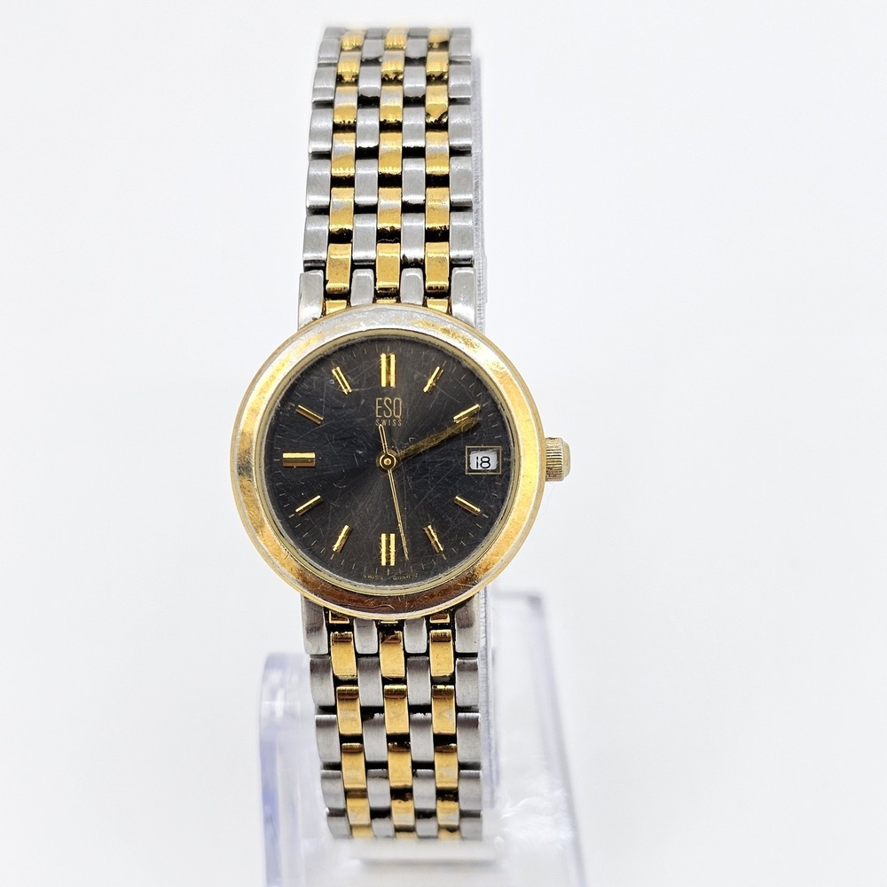 ESQ Movado Women's‎ Watch 25MM Black Dial Date Two Tone Band 7" New Battery